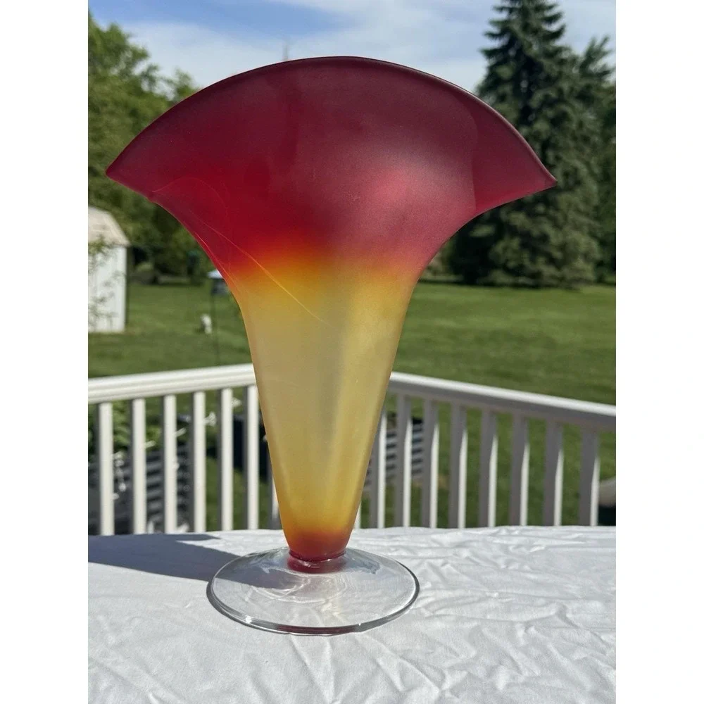 Blenko Fan Vase #872 Satin Amberina Red Yellow Hand Blown 12
